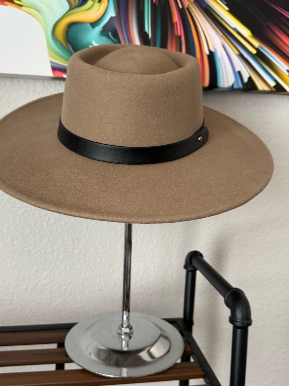Classic Wide-Brim Wool Fedora Hat in Camel with Black Band